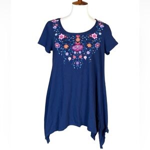 Terre Bleue blue short sleeve blouse with floral embroidery Size Small